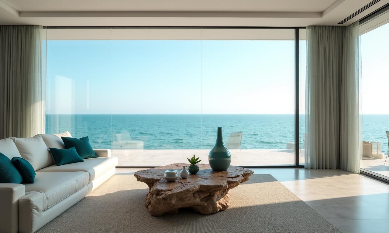 Salotto elegante con vista mare e arredamento mediterraneo