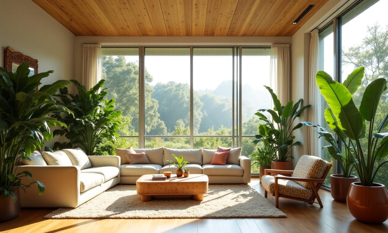 Interno moderno con materiali naturali e piante rigogliose